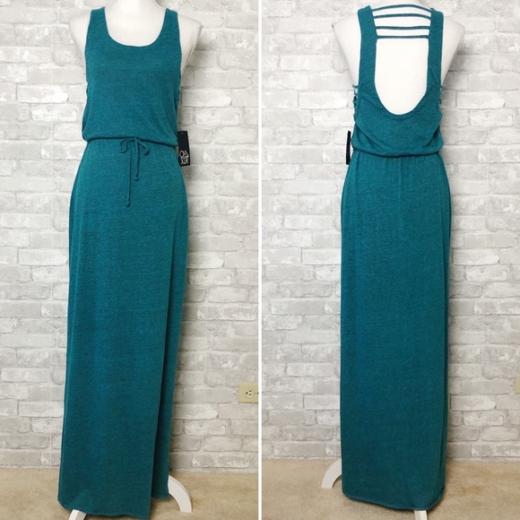 CHASER Teal Scoop Neck Sleeveless Maxi Dress with Tie Waist & Side Slits Medium - Picture 12 of 13